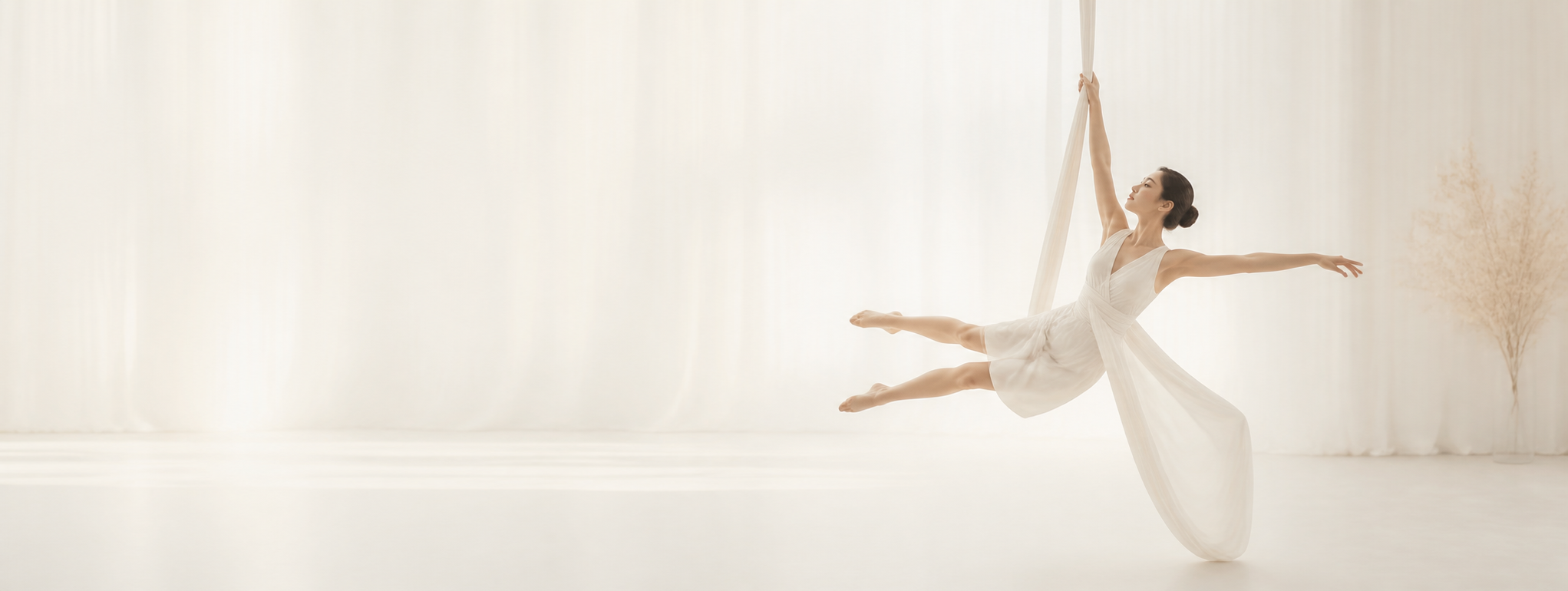 Aerial dancer performing with white silk at Skyra Studio